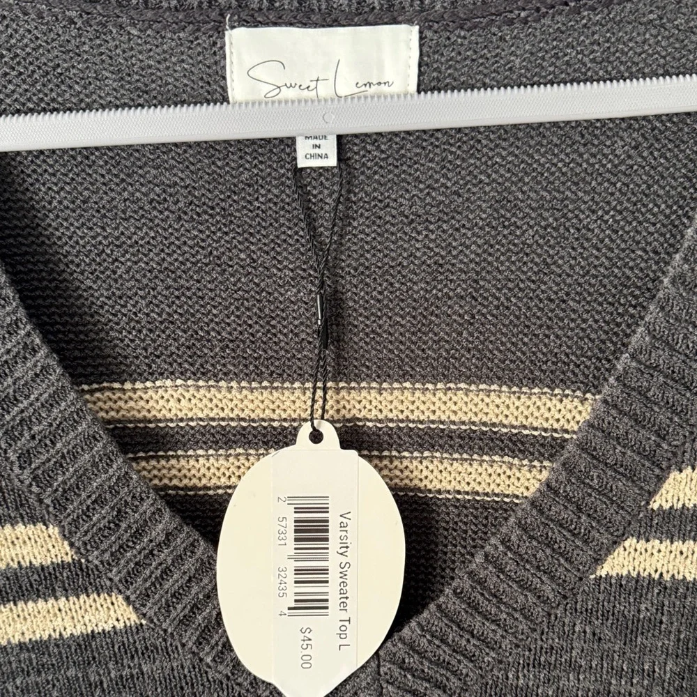 V-Neck Sweater Vest - Navy and Tan Stripes - Picture 2 of 4